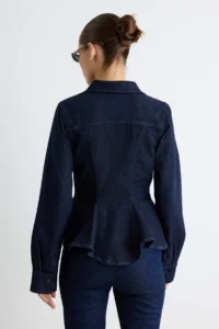TRENDYOLMİLLA DARK BLUE Az Flexible peplum Fitted DENIM Shirt - Image 4