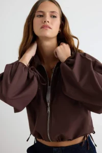 TRENDYOLMİLLA Brown Balloon Form Metal Zippered Shirt