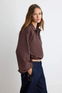 TRENDYOLMİLLA Brown Balloon Form Metal Zippered Shirt - Image 3