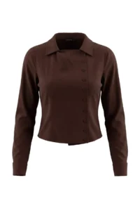 TRENDYOLMİLLA Brown Fitted Button Detailed Shirt - Image 4