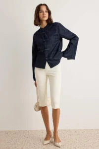 TRENDYOLMİLLA DARK BLUE China buttoned Crew Neck DENIM Shirt - Image 2