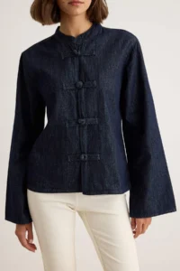 TRENDYOLMİLLA DARK BLUE China buttoned Crew Neck DENIM Shirt - Image 3
