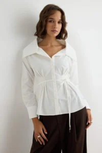 TRENDYOLMİLLA WHITE Belted Wide Collar Shirt