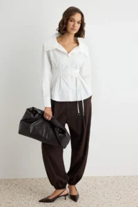 TRENDYOLMİLLA WHITE Belted Wide Collar Shirt - Image 2