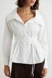 TRENDYOLMİLLA WHITE Belted Wide Collar Shirt - Image 3