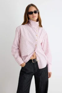 TRENDYOLMİLLA PINK-Multicolored High Neck Striped Shirt - Image 2