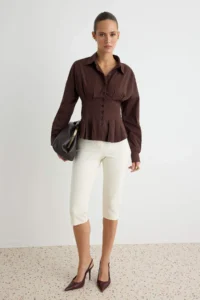 TRENDYOLMİLLA Brown Battery Detailed Cotton Lycra Waist Fitting Shirt - Image 2
