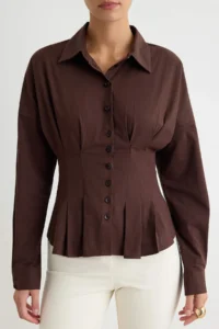 TRENDYOLMİLLA Brown Battery Detailed Cotton Lycra Waist Fitting Shirt - Image 3