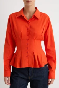 TRENDYOLMİLLA Red Pleated Detailed Cotton Lycra Waist Fitting Shirt - Image 3