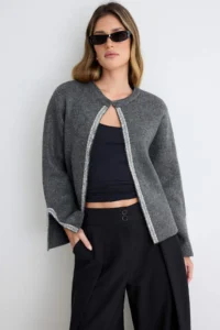 TRENDYOLMİLLA Anthracite Stone Sliver embroidered Soft textured Knitwear Cardigan