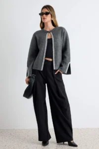 TRENDYOLMİLLA Anthracite Stone Sliver embroidered Soft textured Knitwear Cardigan - Image 2