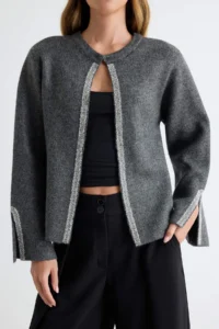 TRENDYOLMİLLA Anthracite Stone Sliver embroidered Soft textured Knitwear Cardigan - Image 3