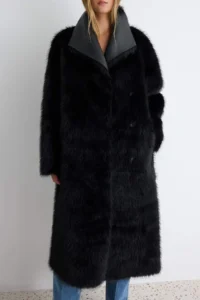 TRENDYOLMİLLA Black Faux Leather Inside Fur Double Sided Oversized Double breasted Kapama LONG Overcoat - Image 3
