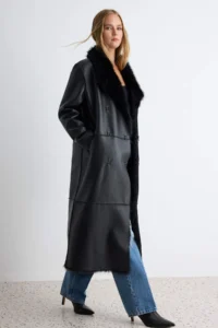 TRENDYOLMİLLA Black Faux Leather Inside Fur Double Sided Oversized Double breasted Kapama LONG Overcoat - Image 5
