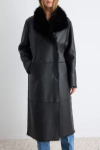 TRENDYOLMİLLA Black Faux Leather Inside Fur Double Sided Oversized Double breasted Kapama LONG Overcoat - Image 6