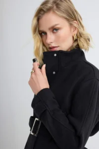TRENDYOLMİLLA Black High Neck Arched Mono Closure Regular Midi Bowl Overcoat - Image 2