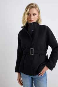 TRENDYOLMİLLA Black High Neck Arched Mono Closure Regular Midi Bowl Overcoat - Image 3