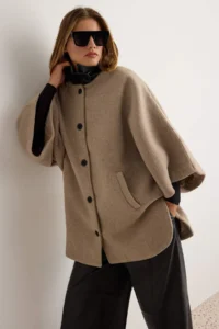 TRENDYOLMİLLA Mink Collar Faux Leather Detailed Mono Closure Pelerin Midi Woolly Overcoat
