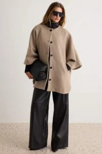 TRENDYOLMİLLA Mink Collar Faux Leather Detailed Mono Closure Pelerin Midi Woolly Overcoat - Image 2