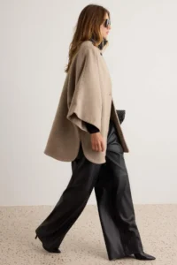TRENDYOLMİLLA Mink Collar Faux Leather Detailed Mono Closure Pelerin Midi Woolly Overcoat - Image 3