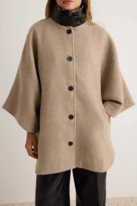 TRENDYOLMİLLA Mink Collar Faux Leather Detailed Mono Closure Pelerin Midi Woolly Overcoat - Image 4