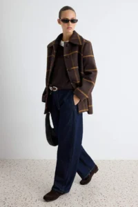 TRENDYOLMİLLA Brown Plaid Patterned Oversized Mono Closure Midi Bowl Overcoat - Image 2