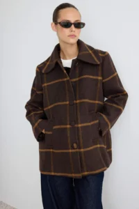 TRENDYOLMİLLA Brown Plaid Patterned Oversized Mono Closure Midi Bowl Overcoat - Image 3