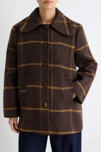 TRENDYOLMİLLA Brown Plaid Patterned Oversized Mono Closure Midi Bowl Overcoat - Image 5