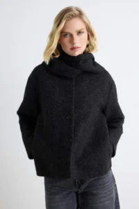 TRENDYOLMİLLA Black Buklet Shawl Collar Oversized Mono Closure Short Overcoat - Image 2