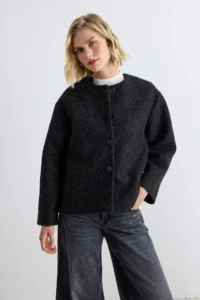 TRENDYOLMİLLA Black Buklet Shawl Collar Oversized Mono Closure Short Overcoat - Image 3