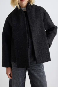 TRENDYOLMİLLA Black Buklet Shawl Collar Oversized Mono Closure Short Overcoat - Image 5