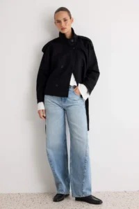 TRENDYOLMİLLA Black High Neck Arched Double breasted Kapama Oversized Short Bowl Overcoat - Image 2