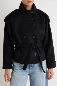 TRENDYOLMİLLA Black High Neck Arched Double breasted Kapama Oversized Short Bowl Overcoat - Image 4