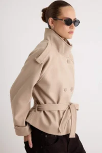 TRENDYOLMİLLA Mink High Neck Arched Double breasted Kapama Oversized Short Bowl Overcoat - Image 4