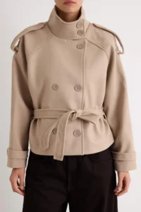 TRENDYOLMİLLA Mink High Neck Arched Double breasted Kapama Oversized Short Bowl Overcoat - Image 5