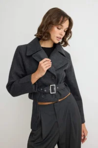 TRENDYOLMİLLA Anthracite Woolly Arched Oversized Double breasted Kapama Short Bowl Overcoat
