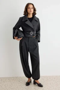 TRENDYOLMİLLA Anthracite Woolly Arched Oversized Double breasted Kapama Short Bowl Overcoat - Image 2