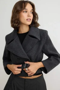 TRENDYOLMİLLA Anthracite Woolly Arched Oversized Double breasted Kapama Short Bowl Overcoat - Image 3