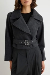 TRENDYOLMİLLA Anthracite Woolly Arched Oversized Double breasted Kapama Short Bowl Overcoat - Image 4