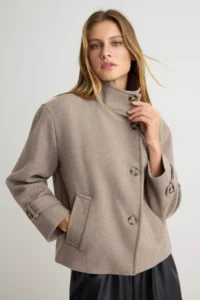 TRENDYOLMİLLA Mink High Neck Asymmetric Kapama Oversized Woolly Short Overcoat - Image 2