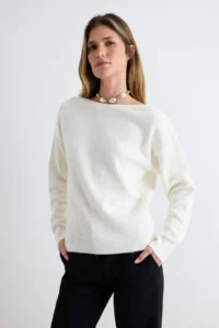 TRENDYOLMİLLA Ecru Soft textured Back Lace Detailed Boat Neck Bluzan Knitwear Sweater - Image 2