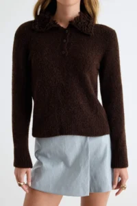 TRENDYOLMİLLA Brown Collar Fur Appearance Boucle Thread Knitwear Sweater - Image 3