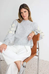 TRENDYOLMİLLA Gray Crew Neck Embroidery Detailed Knitwear Sweater - Image 2