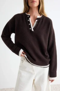 TRENDYOLMİLLA Brown Soft textured Double Collar Detailed Oversized Knitwear Sweater - Image 3