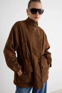 TRENDYOLMİLLA Brown Oversized Pattern Suede Jacket Coat - Image 2