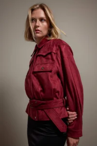 TRENDYOLMİLLA Burgundy Regular Pattern Belt Detailed Suede Jacket Coat
