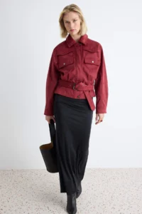 TRENDYOLMİLLA Burgundy Regular Pattern Belt Detailed Suede Jacket Coat - Image 2