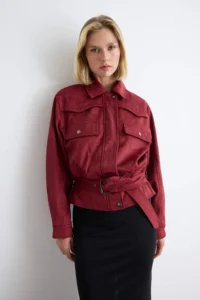 TRENDYOLMİLLA Burgundy Regular Pattern Belt Detailed Suede Jacket Coat - Image 3