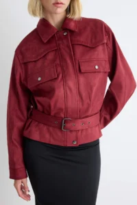 TRENDYOLMİLLA Burgundy Regular Pattern Belt Detailed Suede Jacket Coat - Image 4