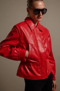 TRENDYOLMİLLA Red Regular Pattern Elastic Waist Faux Leather Jacket Coat